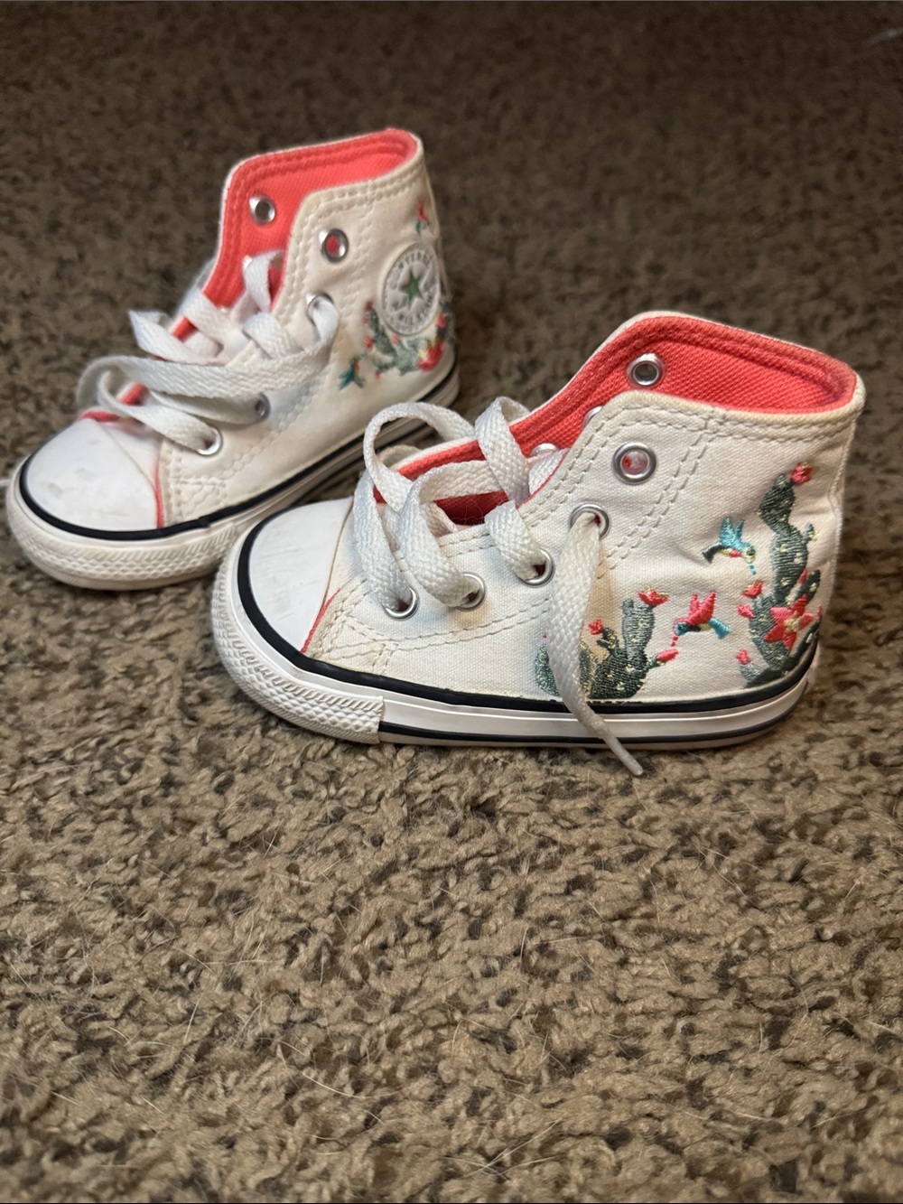 Converse White High-Top Kids Sneakers with Coral Trim and Cactus Embroidery